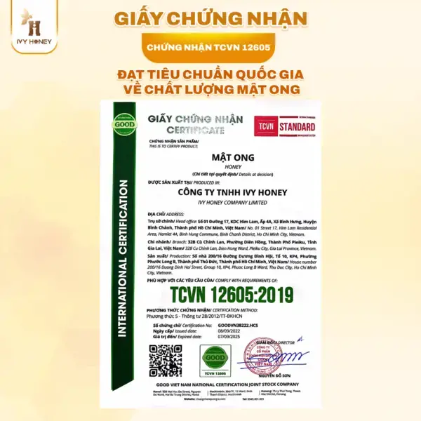 ĐẠT TIÊU CHUẨN QUỐC GIA VỀ CHẤT LƯỢNG MẬT ONG