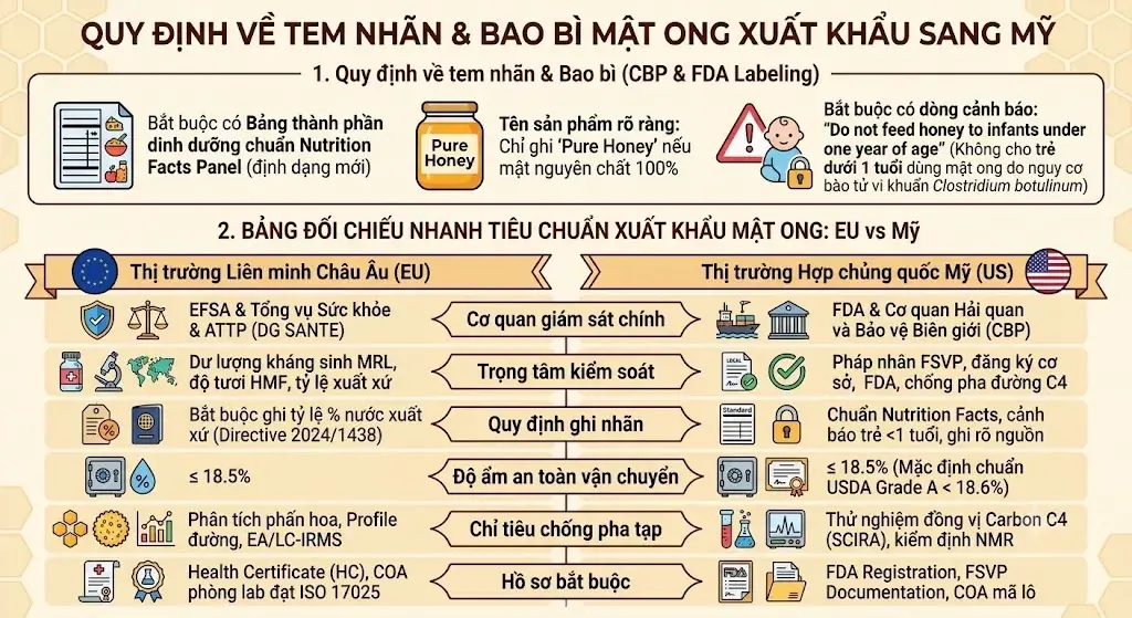 Bảng so s&aacute;nh quy định tem nh&atilde;n FDA v&agrave; ti&ecirc;u chuẩn xuất khẩu mật ong giữa thị trường EU v&agrave; Mỹ