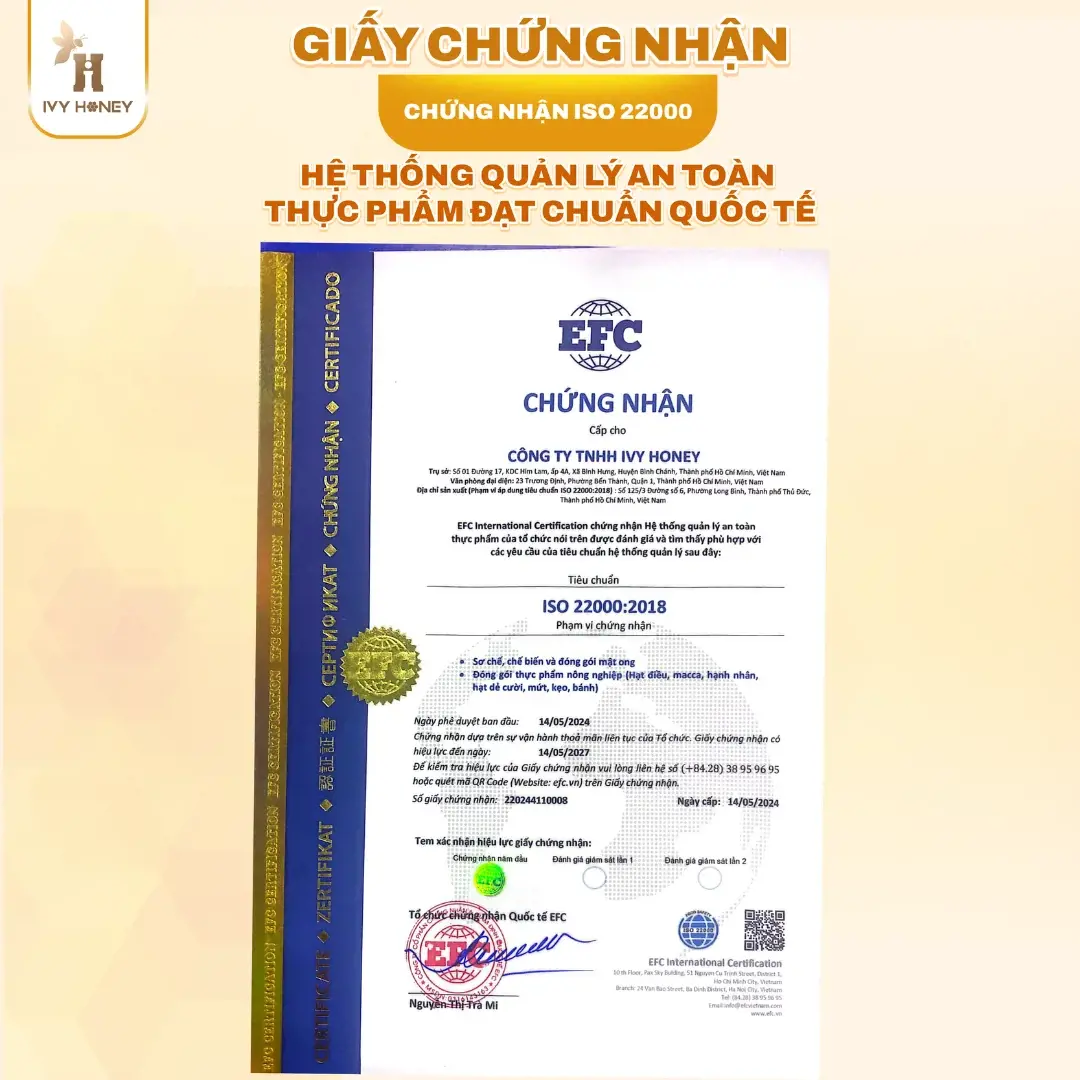 Giấy chứng nhận hệ thống quản l&yacute; an to&agrave;n thực phẩm ISO 22000:2018 của nh&agrave; m&aacute;y Ivy Honey