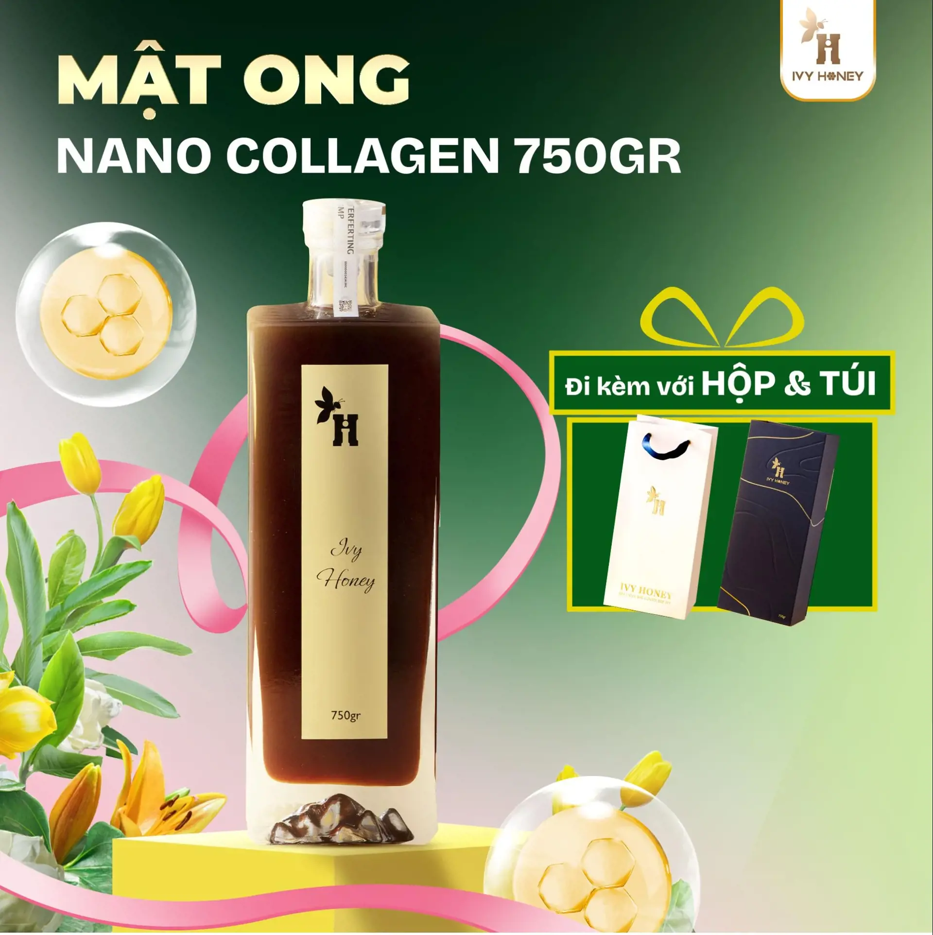 Mật ong Nano Collagen Ivy Honey k&egrave;m hộp qu&agrave; v&agrave; t&uacute;i giấy