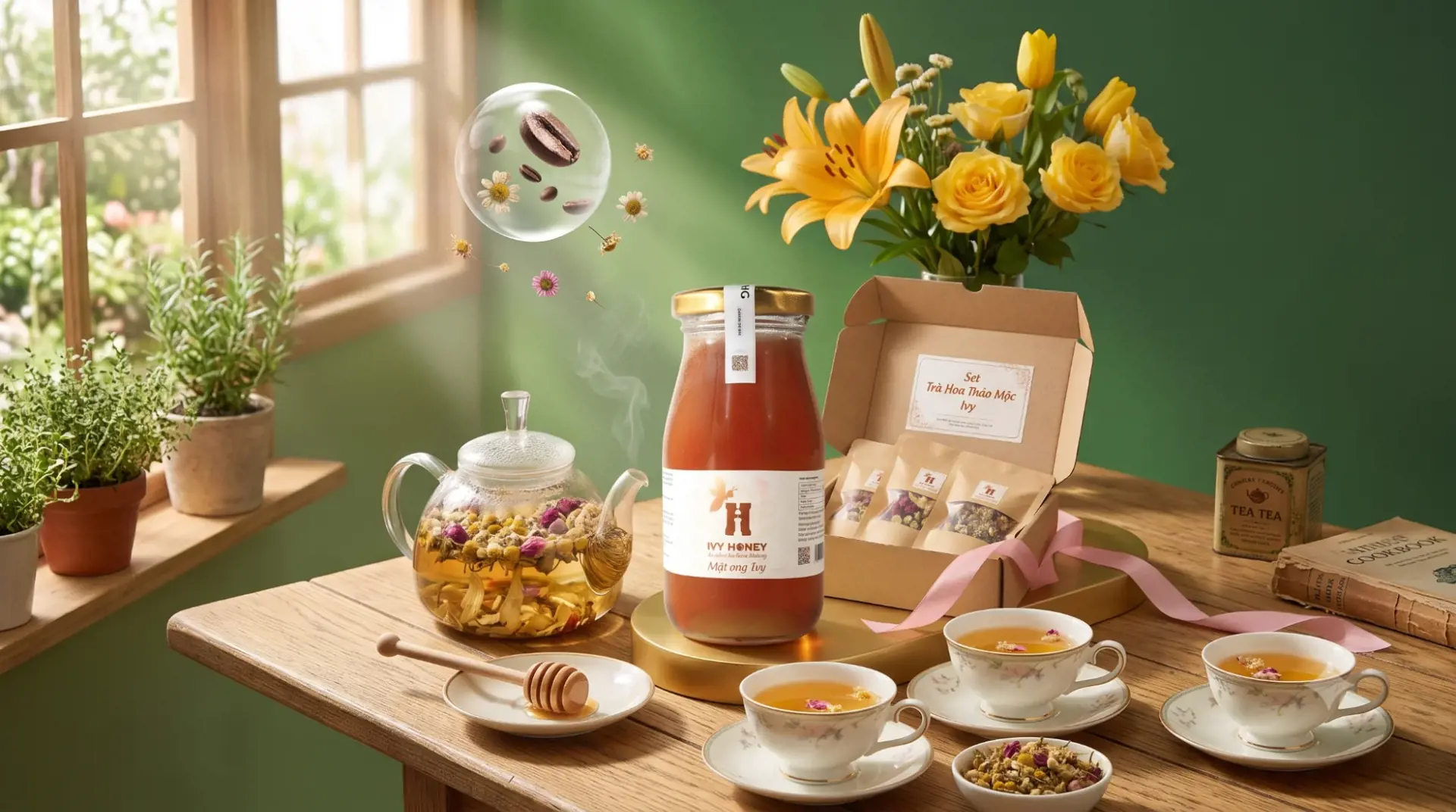 Set qu&agrave; mật ong Ivy Honey mini k&egrave;m tr&agrave; hoa thảo mộc tặng đồng nghiệp nữ